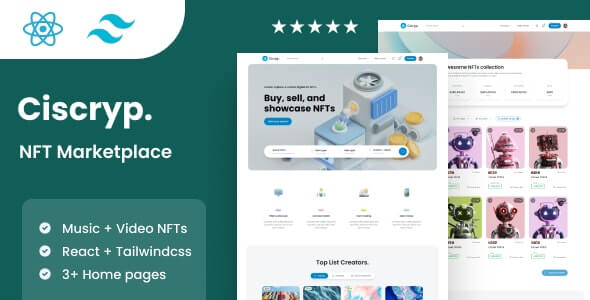 6 of the Best NFT HTML Website Templates 2022 Ciscryp - NFT Marketplace React Template